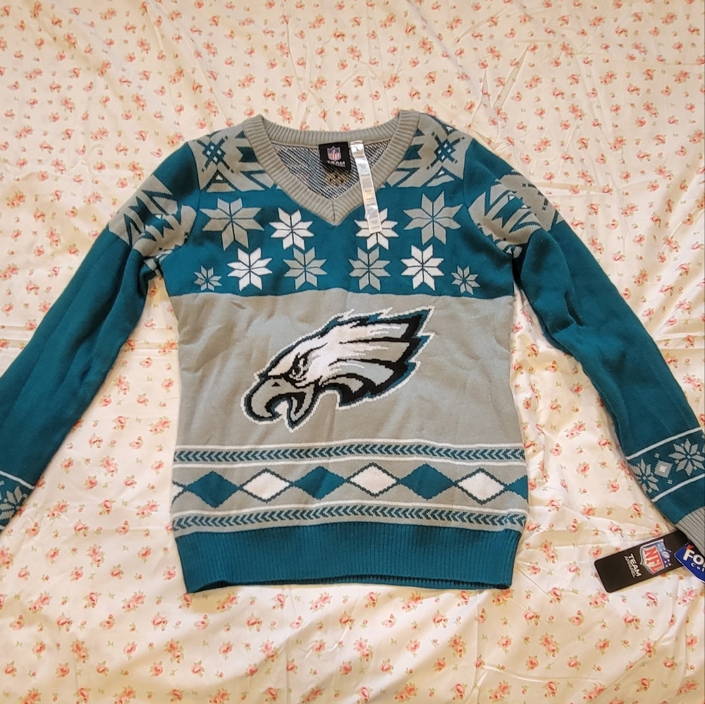 NFL Philadelphia Eagles Teal and Gray Women's V-Neck Sweater